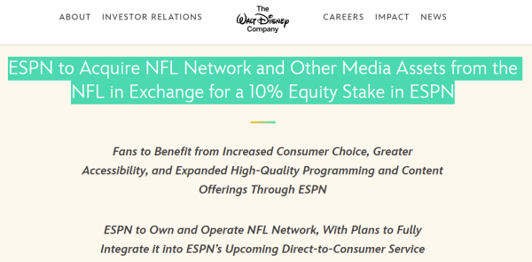 海证资本 迪士尼“魔法”再出手！ESPN以10%股权换购NFL电视网
